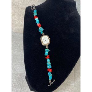 Vtg Geneva Turquoise & Red Coral Single Strand Bracelet Ladies Watch *Needs Batt
